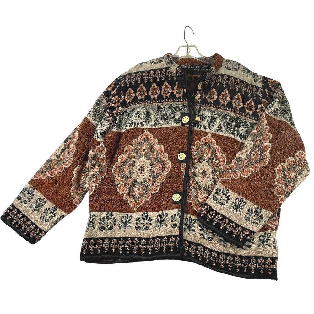 Retro Women XL Tapestry Jacket Earth Tone Geometric Floral Button Front Woven